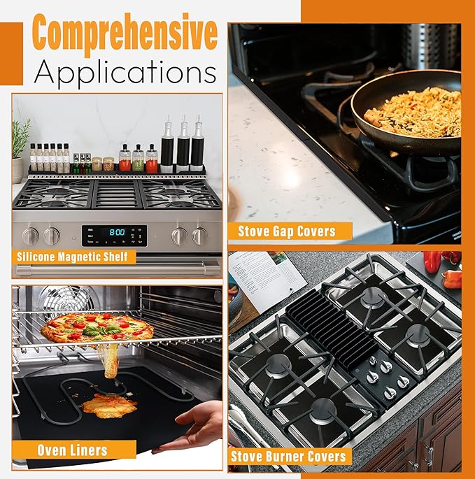 Stove Gap Covers Stainless Steel 2PC(0.08"–0.7"W,13.8"–27.5"L)+4PC Gas Burner Covers+2PC Oven Liners+30"(2x15") Silicone Magnetic Stove Shelf|Universal Gas Stove Accessory Bundle Bonus 3 Brushes