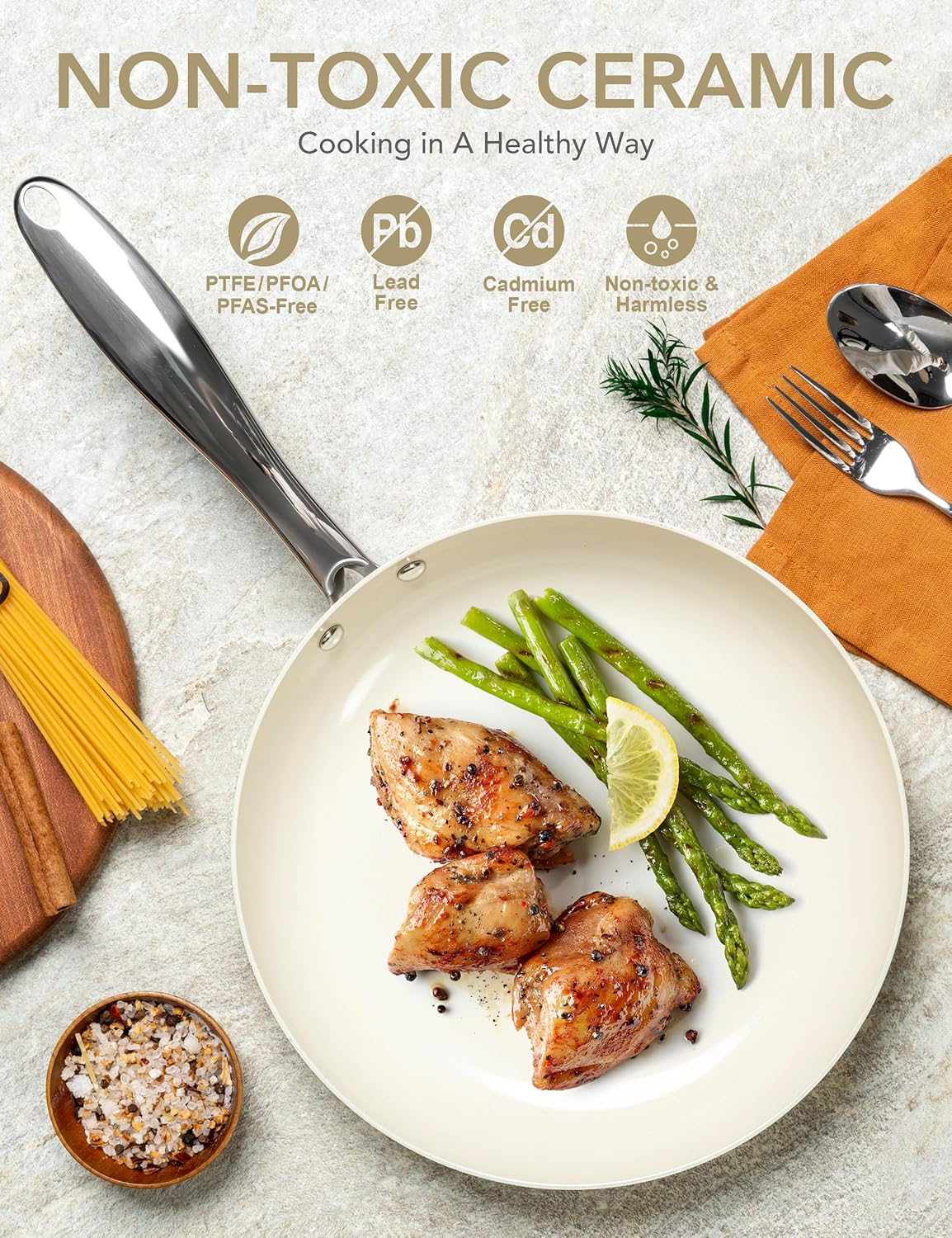 MICHELANGELO 12 Inch Frying Pan with Lid, Large Nonstick Skillet with Ergonomic Handle, Non-Toxic Ceramic Fry Pan, Oven-Safe, White