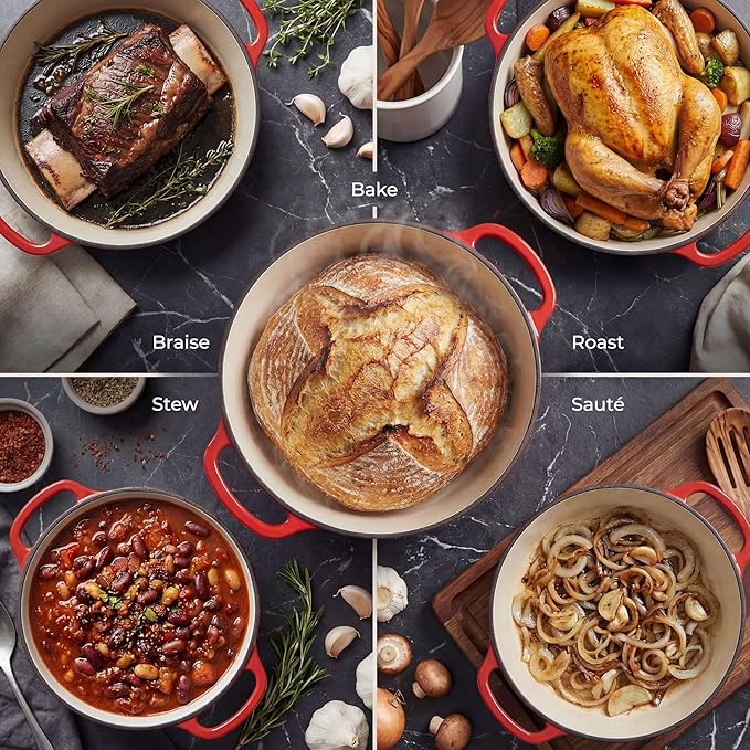 Zulay Kitchen 5 Quart Enameled Cast Iron Dutch Oven Pot with Lid – Premium Durability & Oven Safe up to 500°F – Heavy Duty Cookware Perfect for Bread Baking, Stews, Braising & Roasting – Ablaze Red