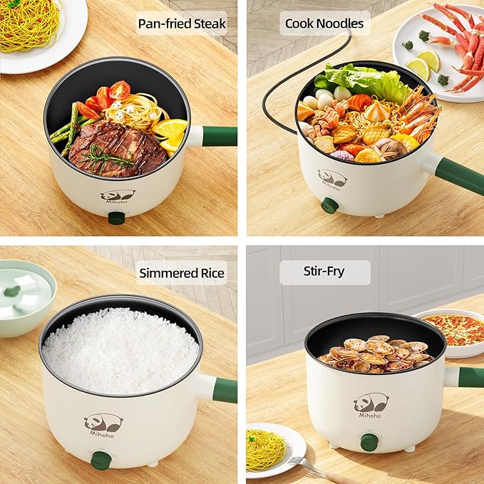 Electric Hot Pot with Steamer, Portable Nonstick Frying Pan with Dual Power Control, Electric Shabu Shabu Cooker for Noodle, Oatmeal, Pasta, Ramen, 1.5L (Green D)