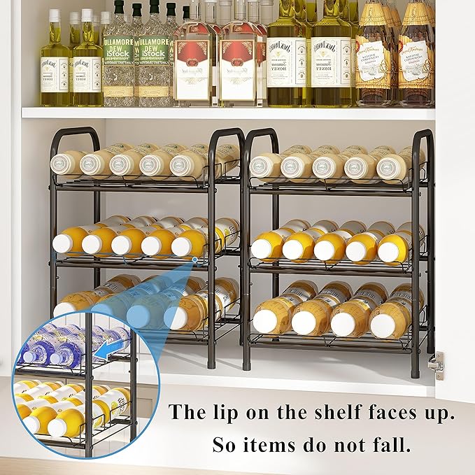 GILLAS 3 5 6 7 8 Tier Water Bottle Storage, Metal Beverage Can Rack,Large Capacity Bottled Rack Water Bottle Holder Stand for Cabinet, Countertop Kitchen, Party, Black