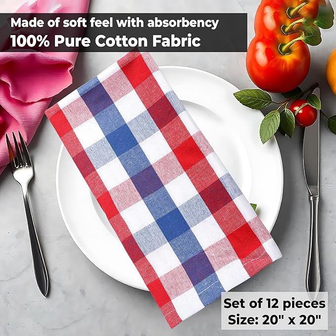 Urban Villa Cotton Dinner Napkins Set of 6, 20x20 Inche Soft Premium Cotton Napkins, Hotel Quality Highly Absorbent, Reusable & Washable Table Dinner Napkins (Red/Blue/White, Buffalo Checks)