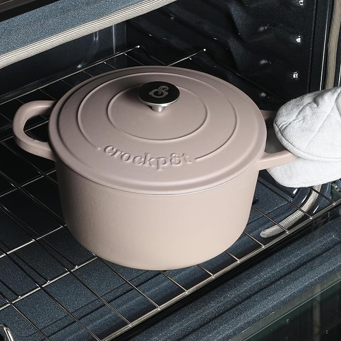 Crock Pot Artisan 7-Quart European Enameled Round Cast Iron Dutch Oven Pot With Lid - Matte Dusty Pink