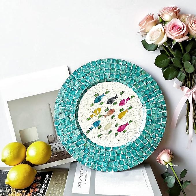 13 Inch Mother of Pearl Shell Placemat Plate – Large Round Decorative Heat for Table or Kitchen,Cabinet, Tabletop (Blue Colored Fish, 13 Inch)