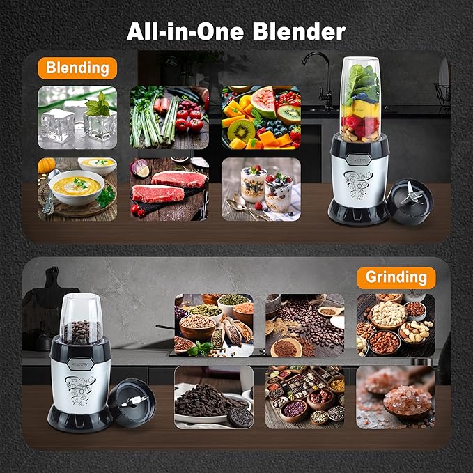Smoothie Blender, 1200W Personal Blender for Smoothies, Blenders for Kitchen with 2 BPA-Free 26oz Travel Cups, Perfect for Smoothies, Frozen Drinks, Juices & Protein Shakes, Stainless Steel Blades