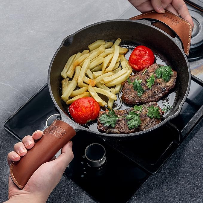 Cast Iron Care Bundle: 316 Stainless Steel 𝐓𝐫𝐢𝐩𝐥𝐞 𝐑𝐢𝐧𝐠 𝐂𝐡𝐚𝐢𝐧𝐦𝐚𝐢𝐥 Scrubber (Orange) & Extra Thick Leather Handle Cover Set of 2 (𝐌𝐚𝐝𝐞 𝐢𝐧 𝐆𝐞𝐨𝐫𝐠𝐢𝐚) – Perfect for Pan