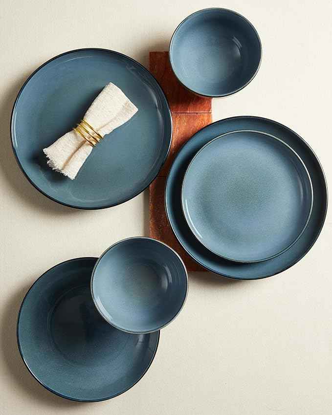 24 Piece Double Bowl Dinnerware Sets with Pasta Bowls, Highly Chip and Crack Resistant Plates and Bowls Sets, Natural Earthyware Ceramic Dishware Sets, Service for 6 Jeans Blue