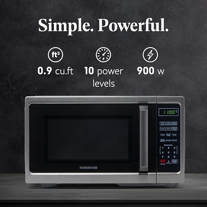 Farberware 0.9 Cu. Ft. Countertop Microwave Oven – 900 Watts Power, Auto Cook Settings, Defrost, Easy Clean and Child Safety Lock - Stainless