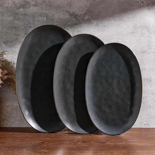 famiware Serving Platter, Oval 15.59/14.3/12.9inch Serving Dishes for Entertaining, Serving Bowls, Dishwasher Safe, Stoneware Serving Trays for Party, Food, Turkey, Reactive Glaze, Matte Dark Charcoal