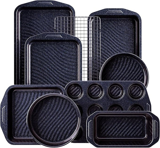 HONGBAKE 9-Piece Non Stick Bakeware Sets with Wave Texture for Reduced Grease, 0.8mm Thick Non Toxic Baking Pans Set, Includes Stackable Cookie Sheets for Oven Cooking, Shimmer Blue