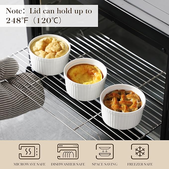 MALACASA Ramekins with Lids 8 oz - Set of 6, White Porcelain Creme Brulee Souffle Ramekins with Covers, Ceramic Custard Cups for Baking, Dishwasher and Oven Safe, Series RAMEKIN-DISH