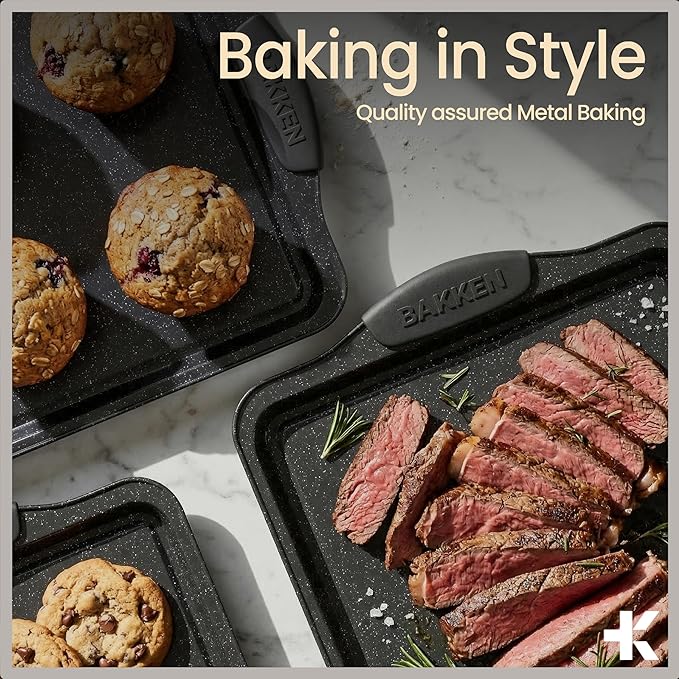 BAKKEN Kitchen Baking Pan Set - Nonstick Coating, Carbon Steel Bakeware Sets with Gray Silicone Handles, Baking Kitchen Essentials, PFOA, PFOS, PTFE Free, Oven Safe Tray (Up To 450° F), Set of 10