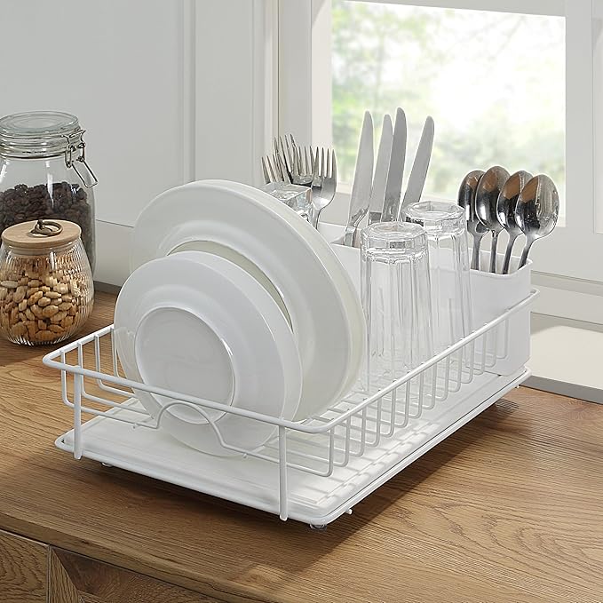 SunnyPoint 304 Stainless Steel Dish Drying Rack with Diatomaceous Earth Drainboard & Removable Utensil Caddy – Rust Resistant Countertop Dish Rack for Kitchen (White)