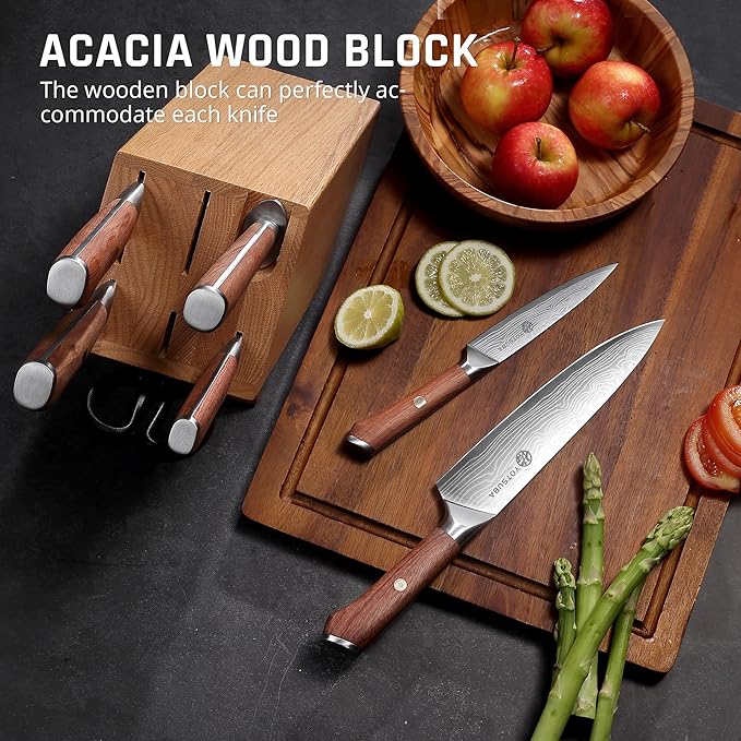 YOTSUBA 8 PCS Japanese Kitchen Knife Set with Block, Professional Ultra Sharp High Carbon Stainless Steel Chef Knives, Ergonomic Natural Rosewood Handle for Kitchen