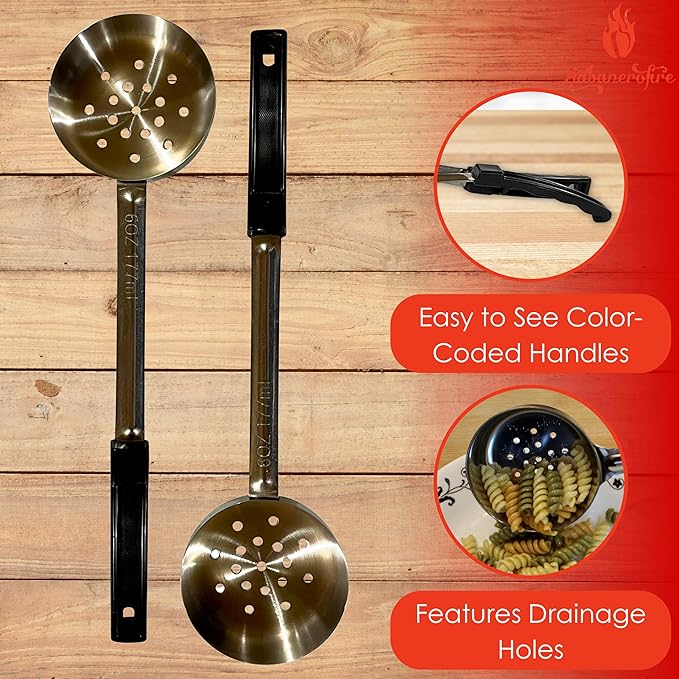 6 Ounce Slotted Stainless Steel Portion Control Ladle Spoon for Measuring and Serving; Commercial Grade Serving Scoops [Pack of 2]