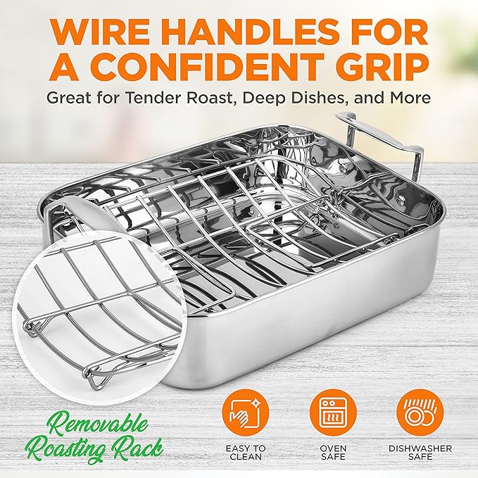 NutriChef 14-Inch Stainless Steel Kitchen Roasting Pan with Polished Wire Rack - Versatile Baking Set for Turkey, Chicken, Meats, & More - Premium & Heavy Duty Roaster for Oven w/ Built-In Handles