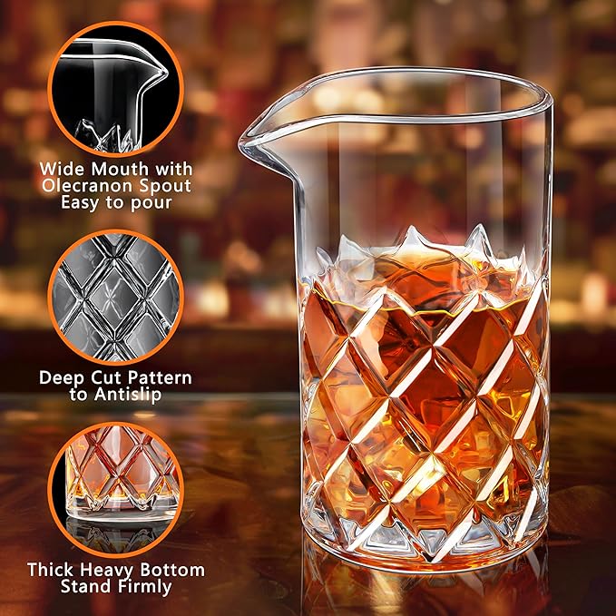 LIGHTEN LIFE Cocktail Mixing Glass Set,Bar Mixing Set with 20oz Crystal Thick Bottom Glass,Spoon, Jigger,Strainer and Muddle,5 Pieces Cocktail Mixing Glass Kits Perfect for Amateurs and Bartenders