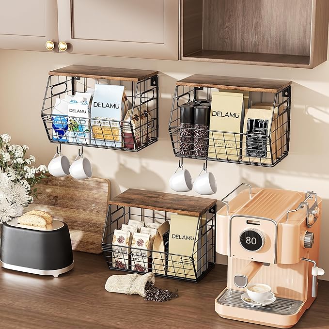 Delamu Stackable Metal Fruit Basket with Wood Lid 3 Pack, Hanging Wall Organizer for Kitchen Counter, Pantry Storage for Onions, Potatoes, Garli, Fruits, Spices, Black