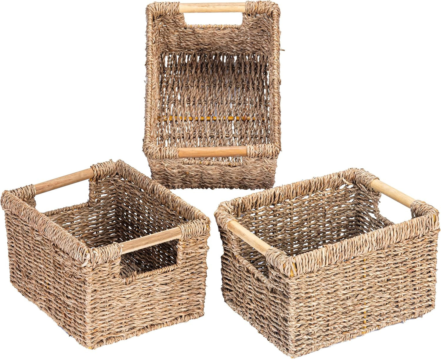 Small Wicker Baskets for Organizing Bathroom, Seagrass Baskets for Storage, Wicker Storage Basket with Wooden Handle, Decorative Small Organizing Basket 10.3 x 7.7 x 6.3 inches - 3 Pack