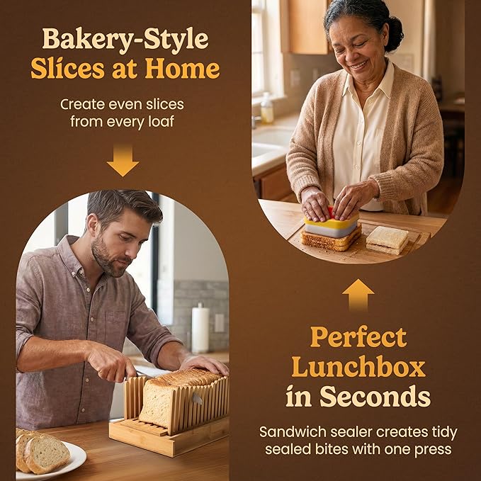 Bread Slicer Guide for Homemade Bread 2-In-1 Set: Sourdough Rounds Slicer, Sandwich Sealer | Bread Loaf Slicing, Adjustable Bamboo Bread Cutter With Knife & Magnetic slot