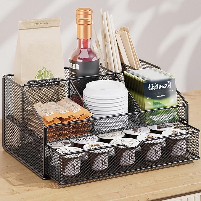VITVITI Coffee Station Organizer for Countertop, Metal Coffee Bar Organizer Basket with Drawer, 6 Compartments Bar Station Holder for Pods Tea Bag, Black