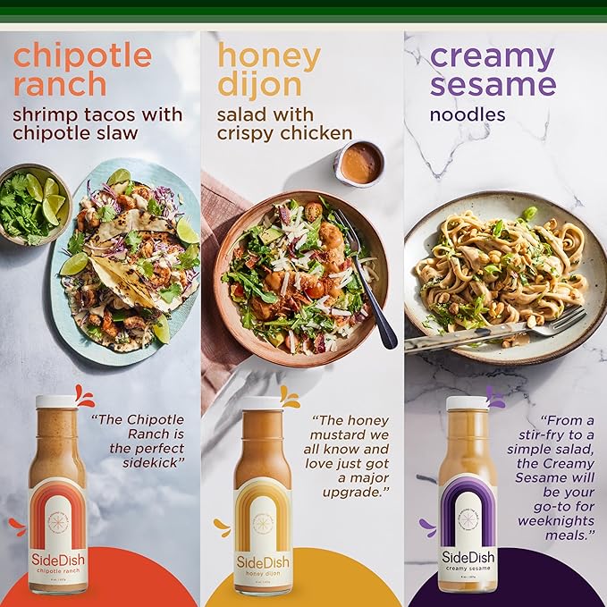 SideDish Salad Dressing Variety Pack (Pack of 3) – Chipotle Ranch, Creamy Sesame, Honey Dijon Made w/Avocado Oil – Healthy, Dairy & Gluten Free Cooking Sauces – Whole30 Dressing for Dips, Sauces