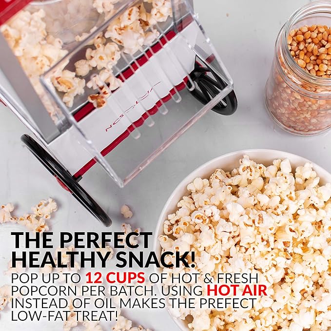 Nostalgia OFP521 Vintage Healthy Hot-Air Tabletop Popcorn Maker, Makes 12 Cups, With Kernel Measuring Scoop, Oil Free, Perfect for Birthday Parties, Movie Nights – Candy Stripe Red/White