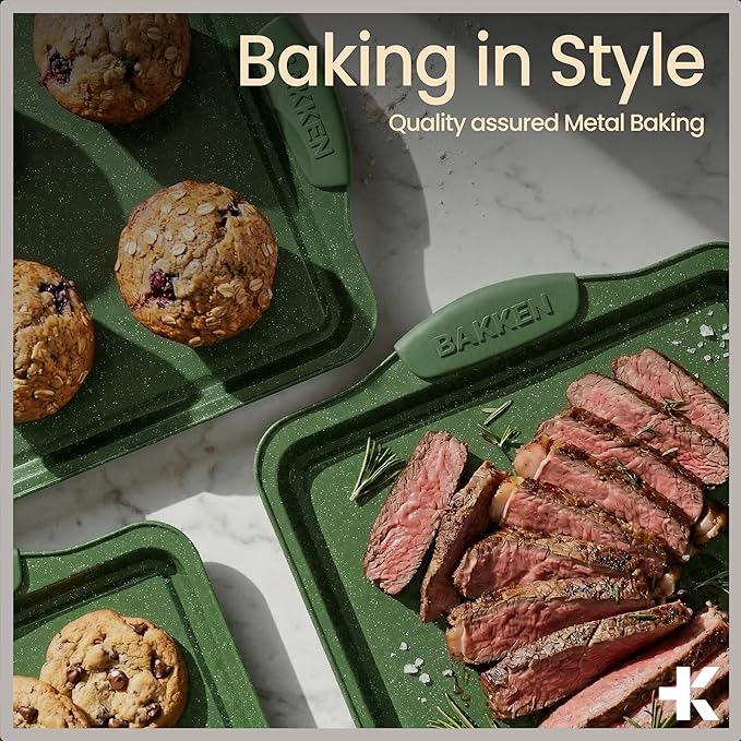 BAKKEN Kitchen Baking Pan Set - Nonstick Green Marble Coating, Carbon Steel Bakeware Sets with Green Silicone Handles, Kitchen Essentials, PFOA, PFOS, PTFE Free, Oven Safe (Up To 450° F), Set of 18