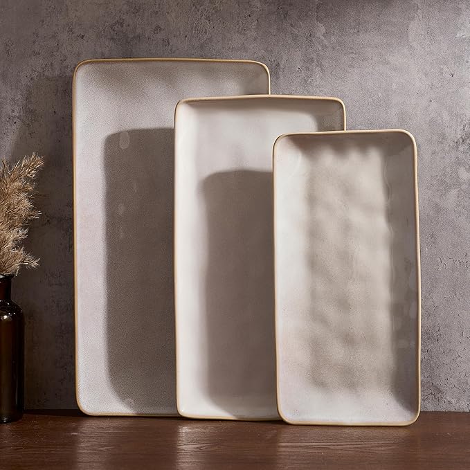 Famiware Serving Platter, Rectangular 15.67/14.1/12.6inch Serving Dishes for Entertaining, Microwave Dishwasher Safe, Stoneware Serving Trays for Party, Turkey, Cheese, Ocean Series, Cappuccino White