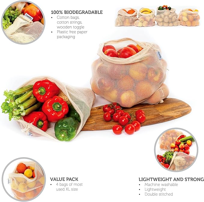 4-pack Reusable Produce Bags Grocery Washable XL, Organic Cotton Mesh Produce Bags Double-Stitched Vegetable Grocery Reusable, Tare Weight, Cotton Produce Bags Reusable Washable, Produce bgs XL