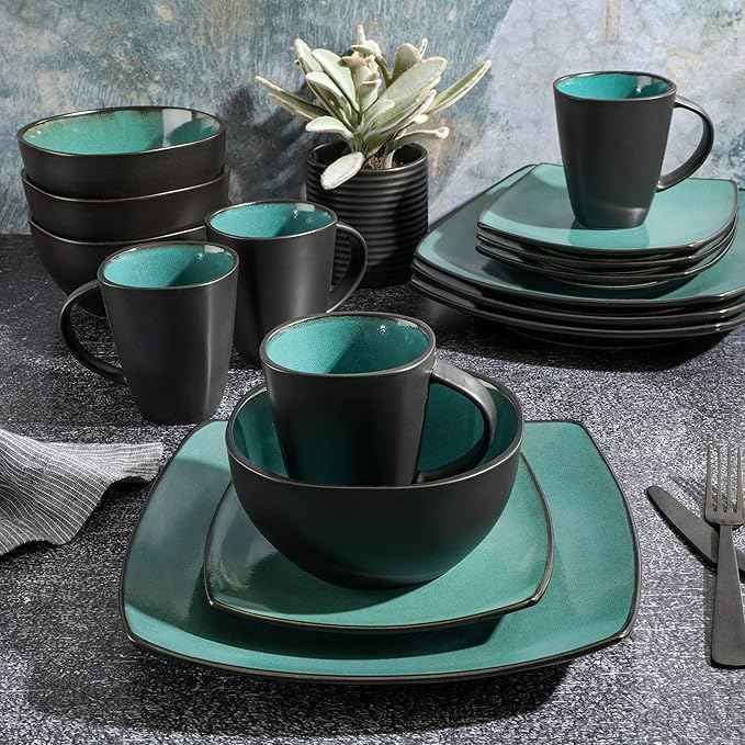 Gibson Elite Soho Lounge 16-Piece Reactive Glaze Dinnerware Set – Teal and Black Tutone Stoneware Plates and Bowls