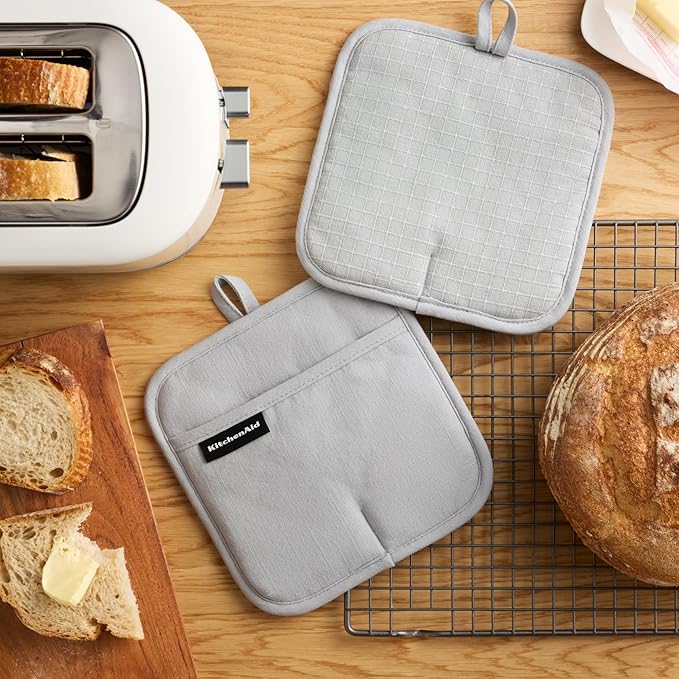 KITCHENAID Gourmet Series Gridlines Pot Holders 2-Pack Set, Heat Resistant up to 600°F, Soft Silicone Grip, Magnetic Cuff, Matte Grey, 8"x8"