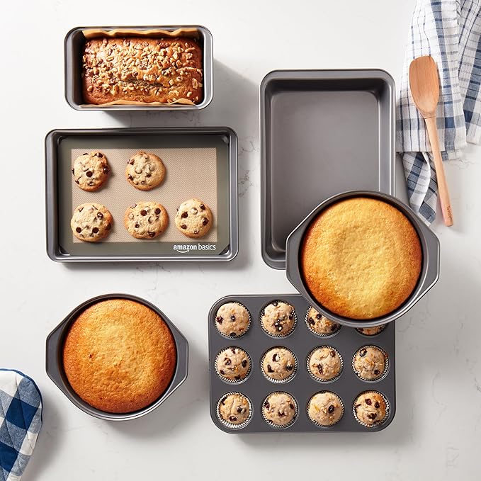 Amazon Basics 6 Piece Nonstick Carbon Steel Bakeware Set with Cake, Muffin, Cookie, and Loaf Pans, Easy Release, Oven Safe, 16.25 x 11.75 x 6.25 inches