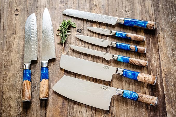Epicurean Cook Tidal Collection 8 PCS Damascus Knife Set Japanese Kitchen Knives with VG10 Steel Core Ultra-Sharp Professional Chef Knife Set with Elegant Box and Blue Resin and Burl Wood Handles