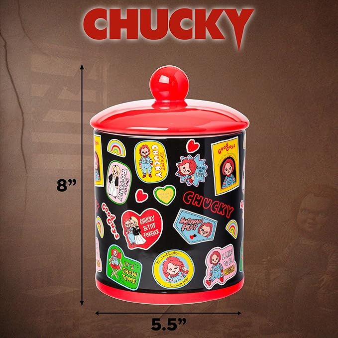 Silver Buffalo Chucky and Tiffany Sticker and Badges Pattern Ceramic Cookie Snack Jar (Large)