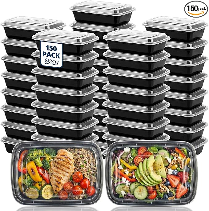 TIYA Food Containers - 38 oz Bulk 150 Pack with Lids - Rectangular Plastic To-Go Containers - Reusable, Microwavable, Dishwasher Safe - Leak-Proof for Meal Prep - BPA-Free