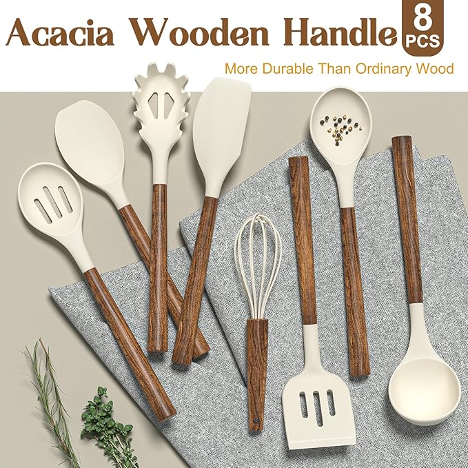 Non-Stick Silicone Kitchen Utensils Set with Natural Acacia Hard Wood Handle, Umite Chef 8 Pieces Kitchen Spatulas set, White, BPA Free, Baking, Serving and Cooking Utensils