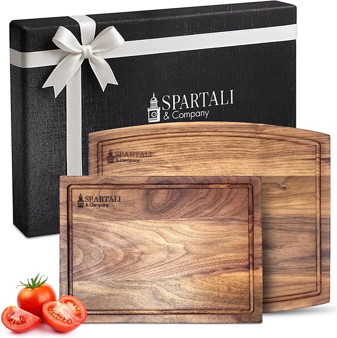 Spartali & Company Black Walnut Cutting Board Set for Kitchen, Reversible Wooden Chopping Board With Juice Grooves, Made from American Black Walnut, set of 2 sizes 12x9 & 15x12. Gift Box included!