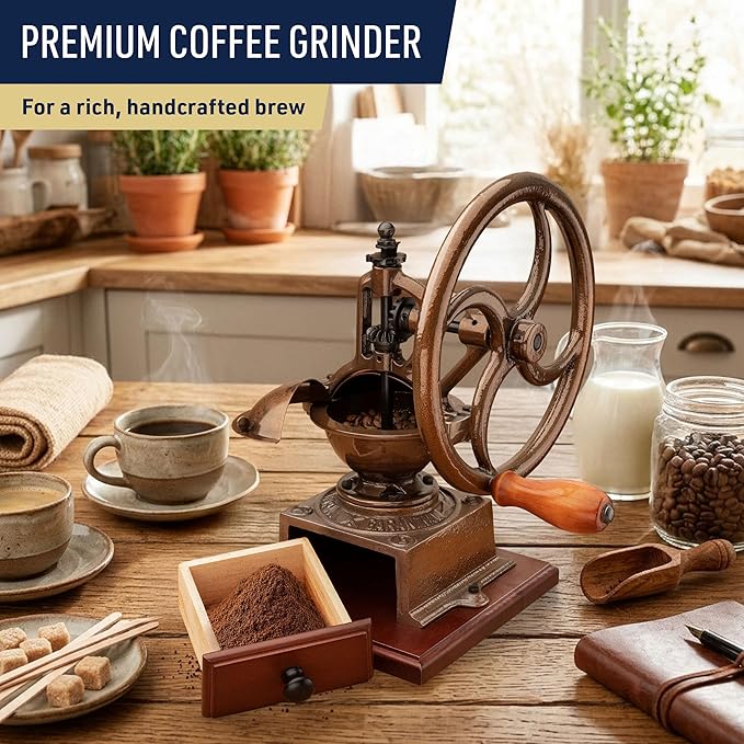 Manual Burr Coffee Grinder - Heavy Cast Iron Coffee Bean Burr Grinder with Adjustable Grind Settings, Hand Crank, and Vintage Design - Italian Made Espresso Accessories by Classic Cuisine (Copper)