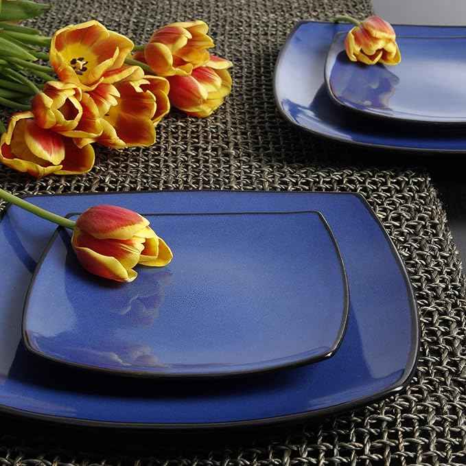 Gibson Elite Soho Lounge Square Reactive Glaze Stoneware Dinnerware Set, Service for 4 (16pc), Sapphire