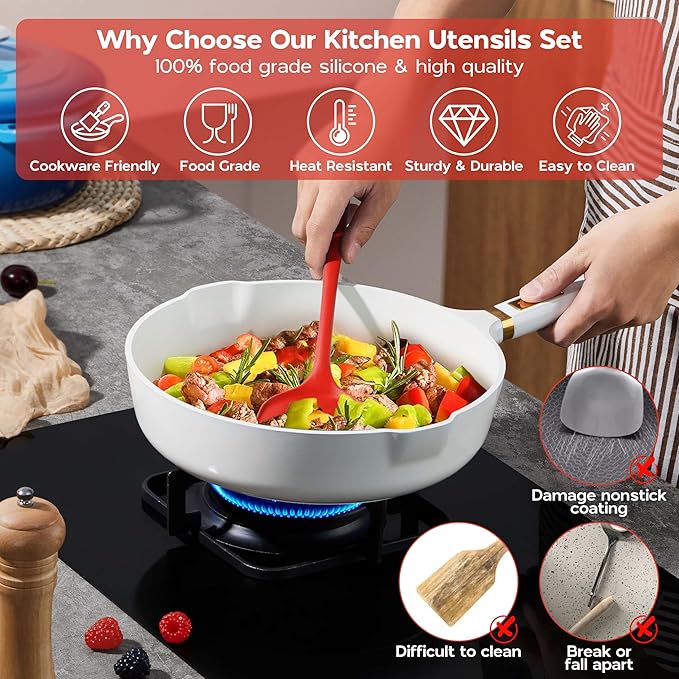 Onader 10 Pieces Cooking Utensils Set, Red Silicone Kitchen Utensils Set for Cooking, Non Toxic & Heat Resistant