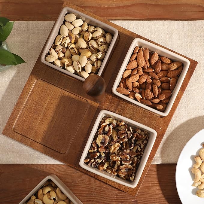 Gibson Elite 4-Piece Stoneware Tidbit, Condiment & Dip Dish Set with Acacia Wood Tray – Taupe Square Appetizer, Snack, Topping & Entertaining Server