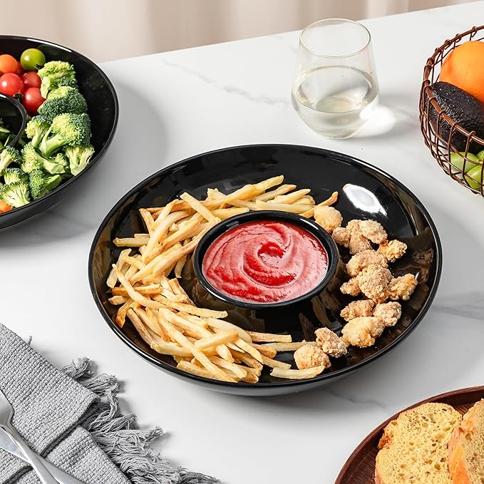 LEHAHA Porcelain Chip and Dip tray, set of 2, Ceramic Divided Serving Tray for Parties, Round Dip Platter and Salsa bowl Perfect for chips, salsa, candy, olives, nuts, fruit and veggies, Bright Black