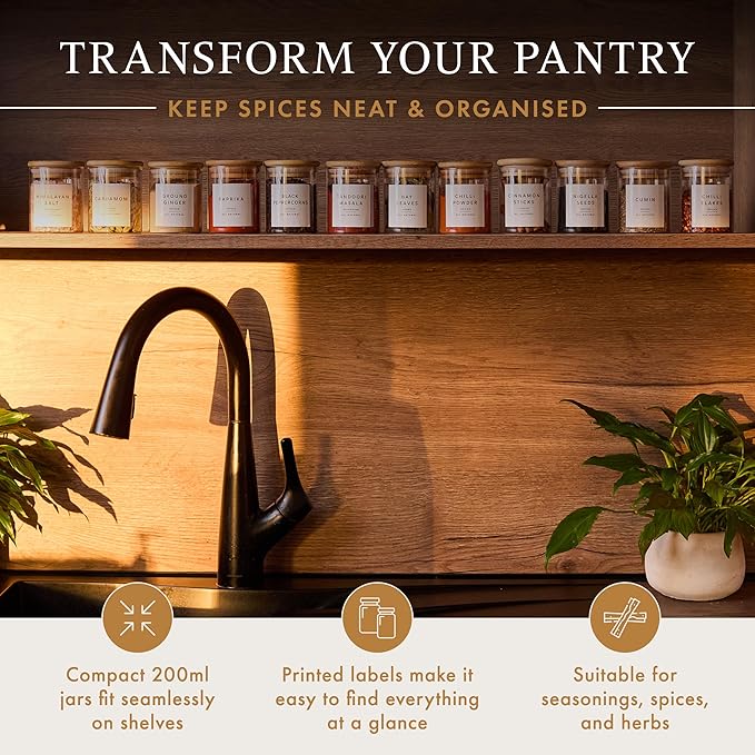 Glass Spice Jars with Labels-12 Pack- 6.8oz- 360 Labels- Spice Containers with Bamboo Lids -Spices Organization for Cabinet-Drawer-Rack-Seasoning containers-herbs- Organizer-Spices Bottles