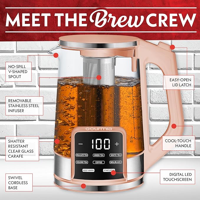 Gourmia Electric Glass Kettle – 1.7L Programmable Tea & Coffee Brewer with Digital Touch Display, 6 Presets, Removable Stainless Steel Infuser, Cordless with 360° Swivel Base, Peach