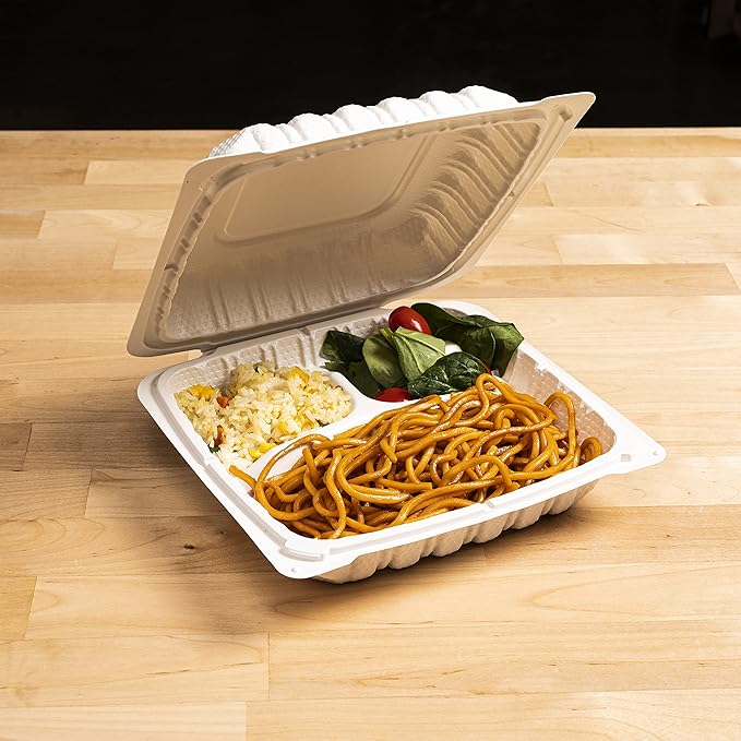 TIYA Clamshell Food Containers - White Bulk 150 Pack, 8x8 in - 3-Compartment To-Go Containers - Microwavable Plastic with Hinged Lid - Great for Meal Prep - BPA-Free