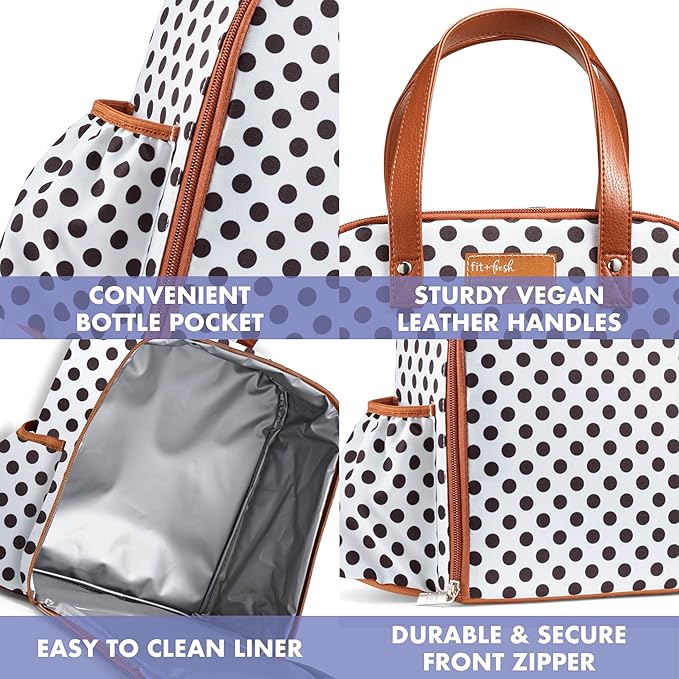 Fit & Fresh Lunch Bag For Women, Insulated Womens Lunch Bag For Work, Leakproof & Stain-Resistant Large Lunch Box For Women With Containers and Bottle, Zipper Closure Wichita Bag White Dot