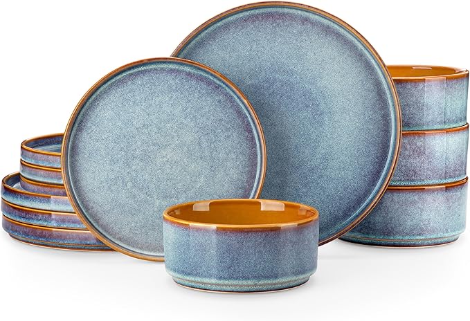 vancasso ONION Ceramic Dinnerware Sets, 12 Pieces Stoneware Plates and Bowls Sets for 4, Reactive Glaze Dishes Set for Kitchen, Dishwasher and Microwave Safe, Blue