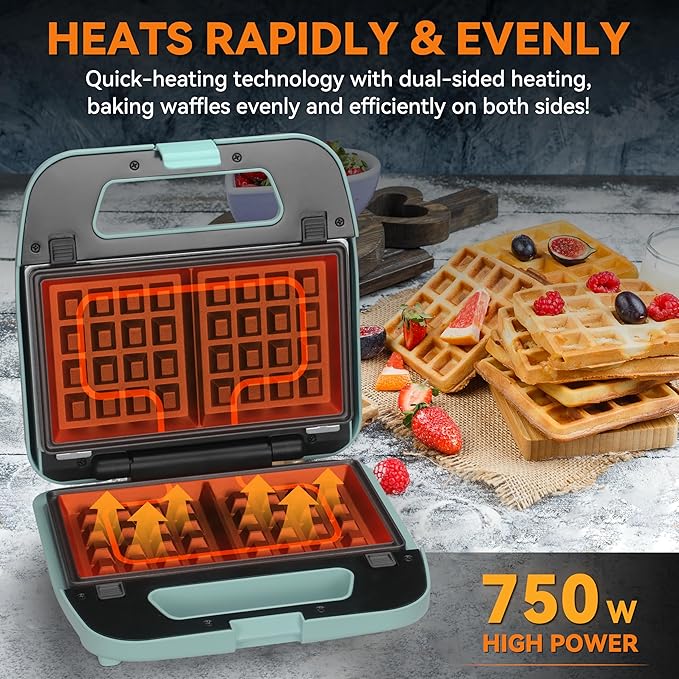 Baker’s Friend 3 in 1 Mini Waffle Maker with Removable Plates, Mini Pancake Maker, Grilled Cheese Maker, Breakfast Sandwich Maker Press, Indoor Grill, Belgian Waffle Maker, Aqua