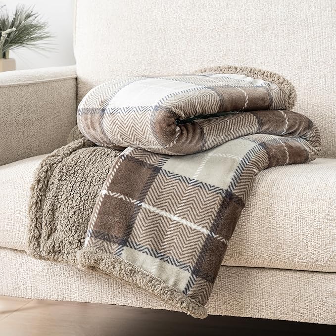 Pavilia Taupe Plaid Sherpa Throw Blanket - Plus Plush Flannel Fleece Blanket - Warm Cabin Sofa Bed Winter Throws 50x60